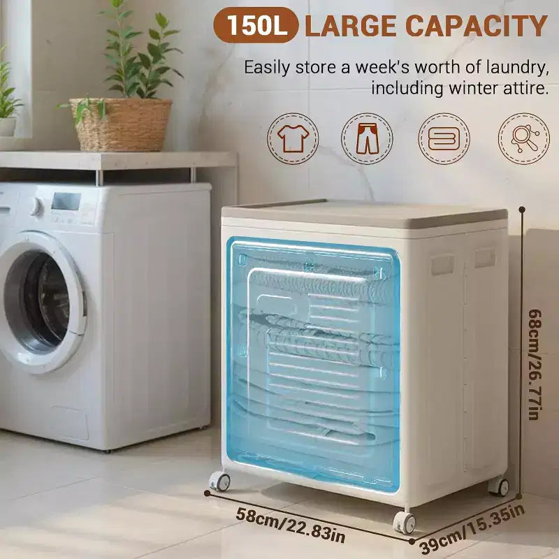 COZONY Panier à Linge Roulant avec Couvercle, Grande Capacité de 150L, Paniers à Linge Pliables en Plastique avec Roues, Boîtes de Rangement Pliables et Robustes