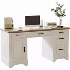 Bureau exécutif de ferme avec rangement, Bureau d'écriture en bois avec 5 tiroirs et armoire, Table d'ordinateur rustique pour salon, chambre à coucher, bureau