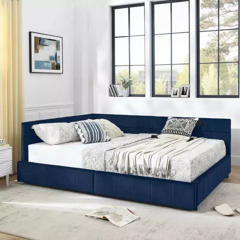 MAYEERTY Lit double capitonné en tissu avec dossier et accoudoirs pour chambre à coucher, bleu