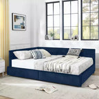 MAYEERTY Lit double capitonné en tissu avec dossier et accoudoirs pour chambre à coucher, bleu