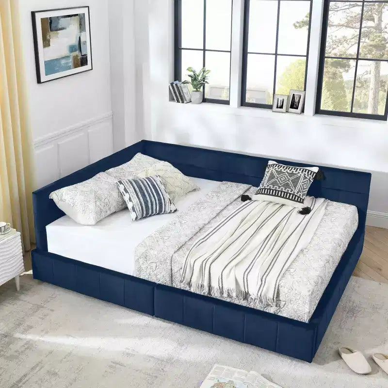 MAYEERTY Lit double capitonné en tissu avec dossier et accoudoirs pour chambre à coucher, bleu