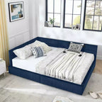 MAYEERTY Lit double capitonné en tissu avec dossier et accoudoirs pour chambre à coucher, bleu