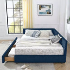 MAYEERTY Lit double capitonné en tissu avec dossier et accoudoirs pour chambre à coucher, bleu