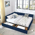 MAYEERTY Lit double capitonné en tissu avec dossier et accoudoirs pour chambre à coucher, bleu