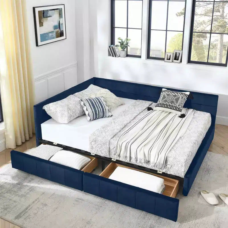 MAYEERTY Lit double capitonné en tissu avec dossier et accoudoirs pour chambre à coucher, bleu