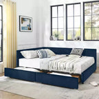 MAYEERTY Lit double capitonné en tissu avec dossier et accoudoirs pour chambre à coucher, bleu