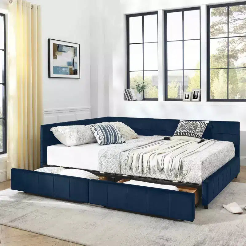 MAYEERTY Lit double capitonné en tissu avec dossier et accoudoirs pour chambre à coucher, bleu