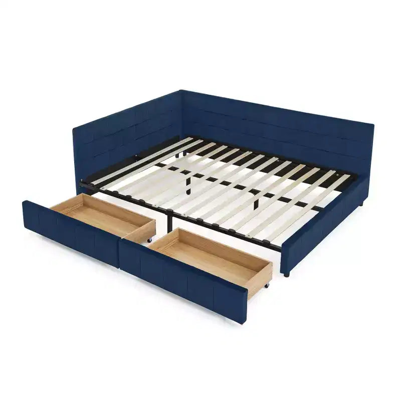 MAYEERTY Lit double capitonné en tissu avec dossier et accoudoirs pour chambre à coucher, bleu