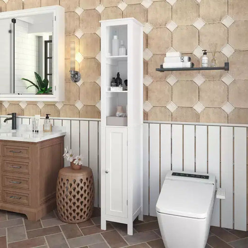 Armoire de rangement de salle de bain haute de 170 cm avec étagères réglables, armoire autoportante étroite à 1 porte avec dispositif anti-basculement, compartiments ouverts, pour petits espaces domestiques