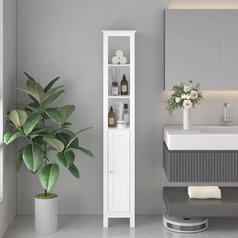 Armoire de rangement de salle de bain haute de 170 cm avec étagères réglables, armoire autoportante étroite à 1 porte avec dispositif anti-basculement, compartiments ouverts, pour petits espaces domestiques