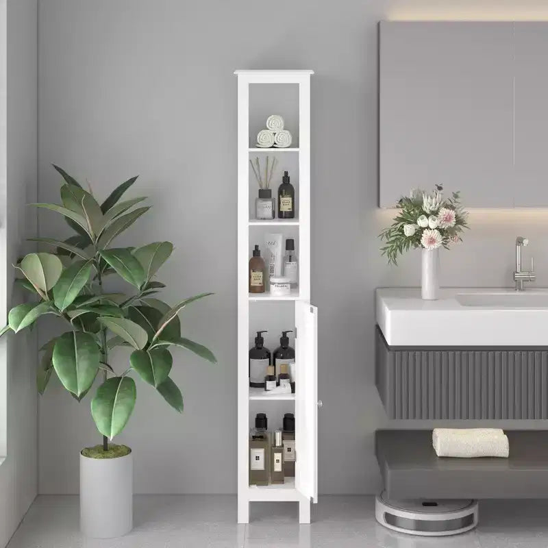 Armoire de rangement de salle de bain haute de 170 cm avec étagères réglables, armoire autoportante étroite à 1 porte avec dispositif anti-basculement, compartiments ouverts, pour petits espaces domestiques