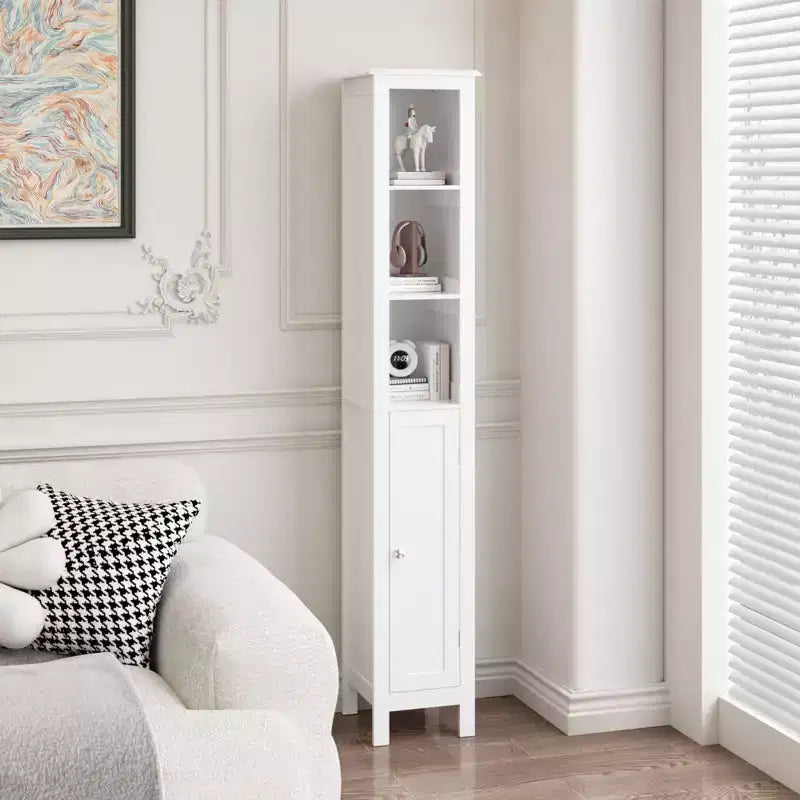 Armoire de rangement de salle de bain haute de 170 cm avec étagères réglables, armoire autoportante étroite à 1 porte avec dispositif anti-basculement, compartiments ouverts, pour petits espaces domestiques