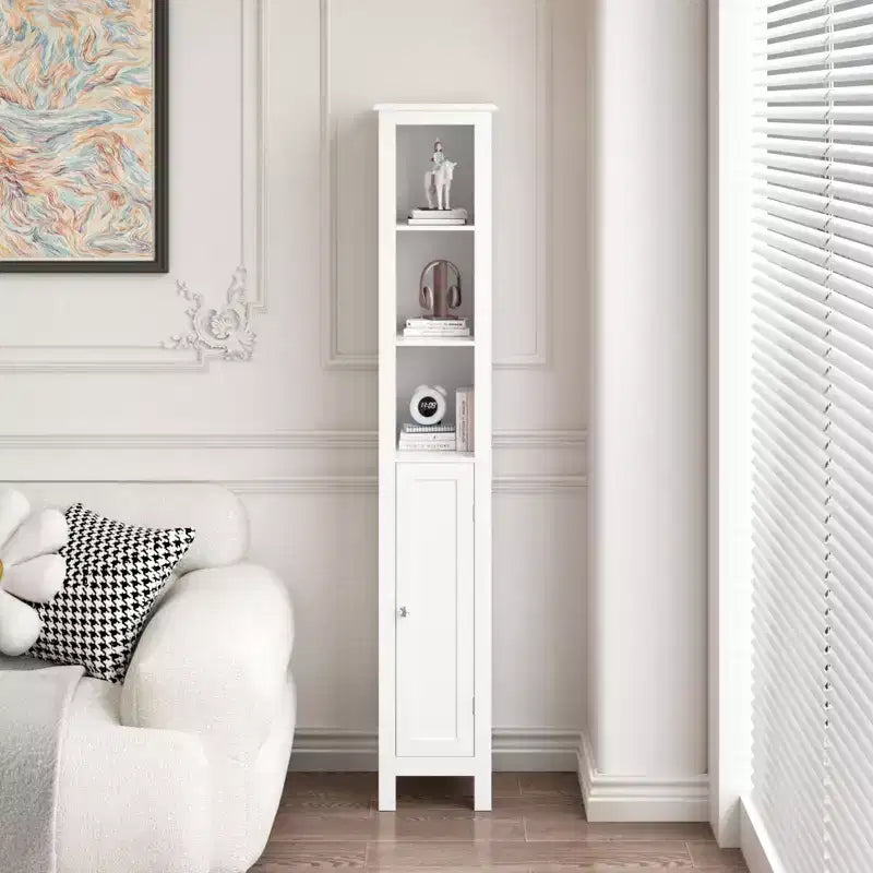 Armoire de rangement de salle de bain haute de 170 cm avec étagères réglables, armoire autoportante étroite à 1 porte avec dispositif anti-basculement, compartiments ouverts, pour petits espaces domestiques