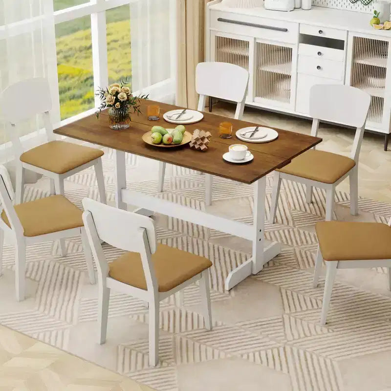 Costway Table de Salle à Manger 55" pour 4 à 6 Personnes, Table de Cuisine Rectangulaire avec Piétement en Bois Noyer + Blanc