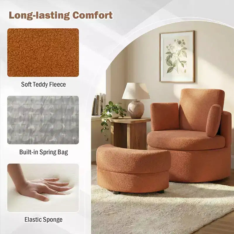 Fauteuil d'appoint pivotant Costway 360° avec pouf de rangement demi-lune et 3 coussins amovibles, blanc/terracotta