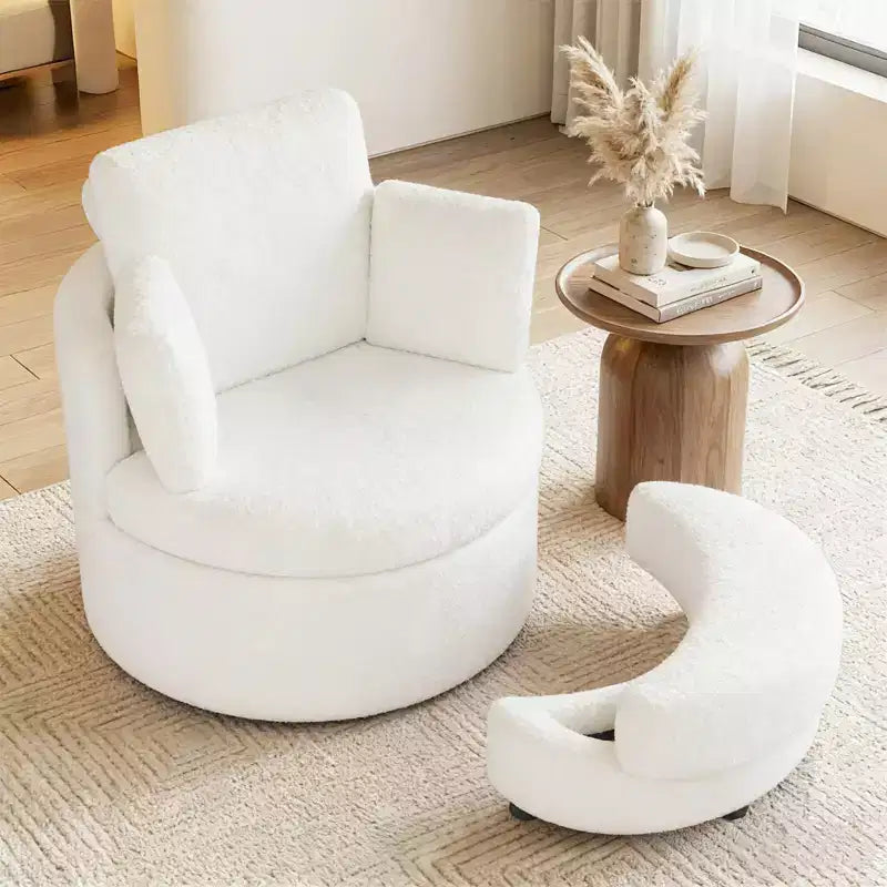 Fauteuil d'appoint pivotant Costway 360° avec pouf de rangement demi-lune et 3 coussins amovibles, blanc/terracotta