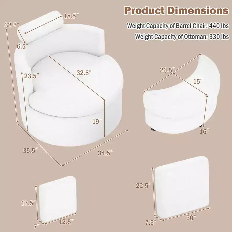 Fauteuil d'appoint pivotant Costway 360° avec pouf de rangement demi-lune et 3 coussins amovibles, blanc/terracotta