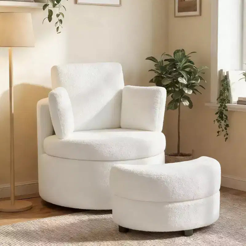 Fauteuil d'appoint pivotant Costway 360° avec pouf de rangement demi-lune et 3 coussins amovibles, blanc/terracotta