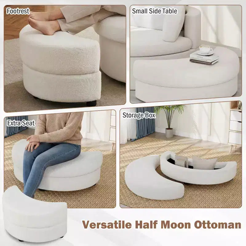 Fauteuil d'appoint pivotant Costway 360° avec pouf de rangement demi-lune et 3 coussins amovibles, blanc/terracotta