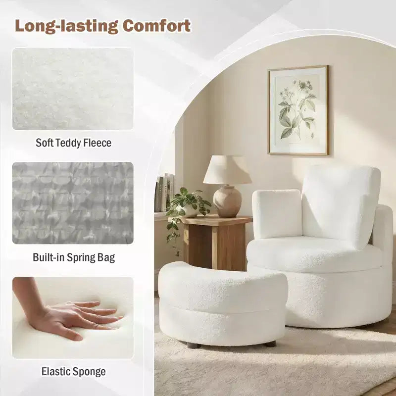 Fauteuil d'appoint pivotant Costway 360° avec pouf de rangement demi-lune et 3 coussins amovibles, blanc/terracotta