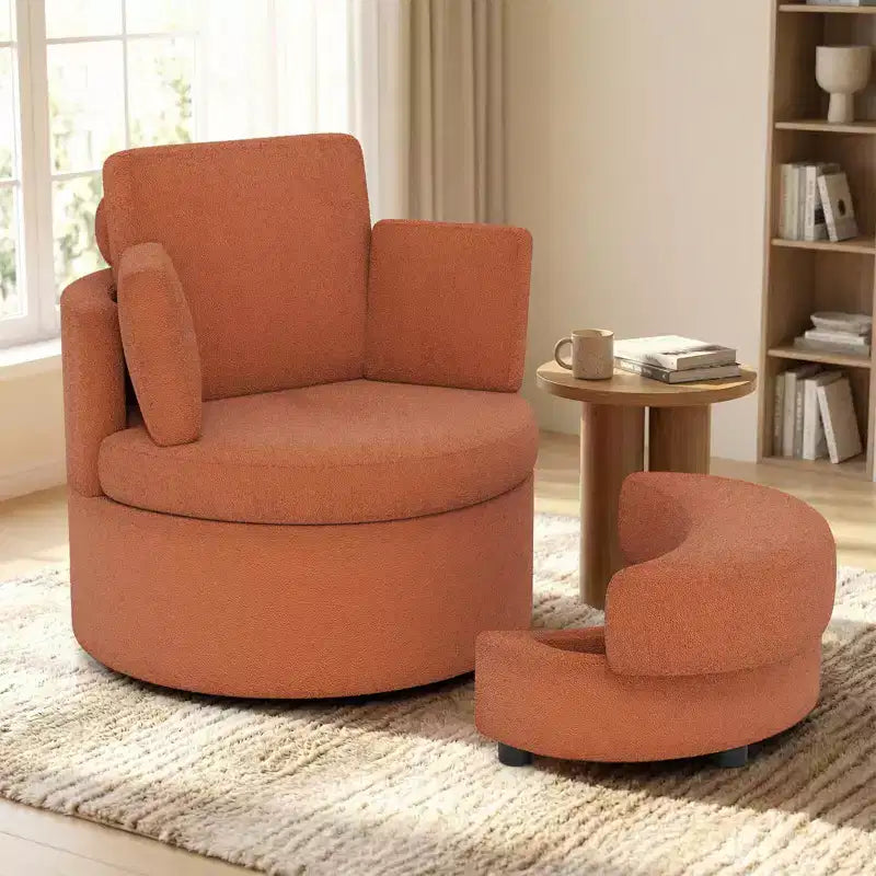 Fauteuil d'appoint pivotant Costway 360° avec pouf de rangement demi-lune et 3 coussins amovibles, blanc/terracotta