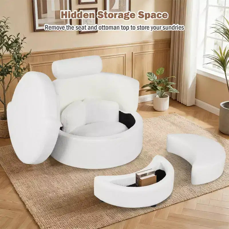 Fauteuil d'appoint pivotant Costway 360° avec pouf de rangement demi-lune et 3 coussins amovibles, blanc/terracotta