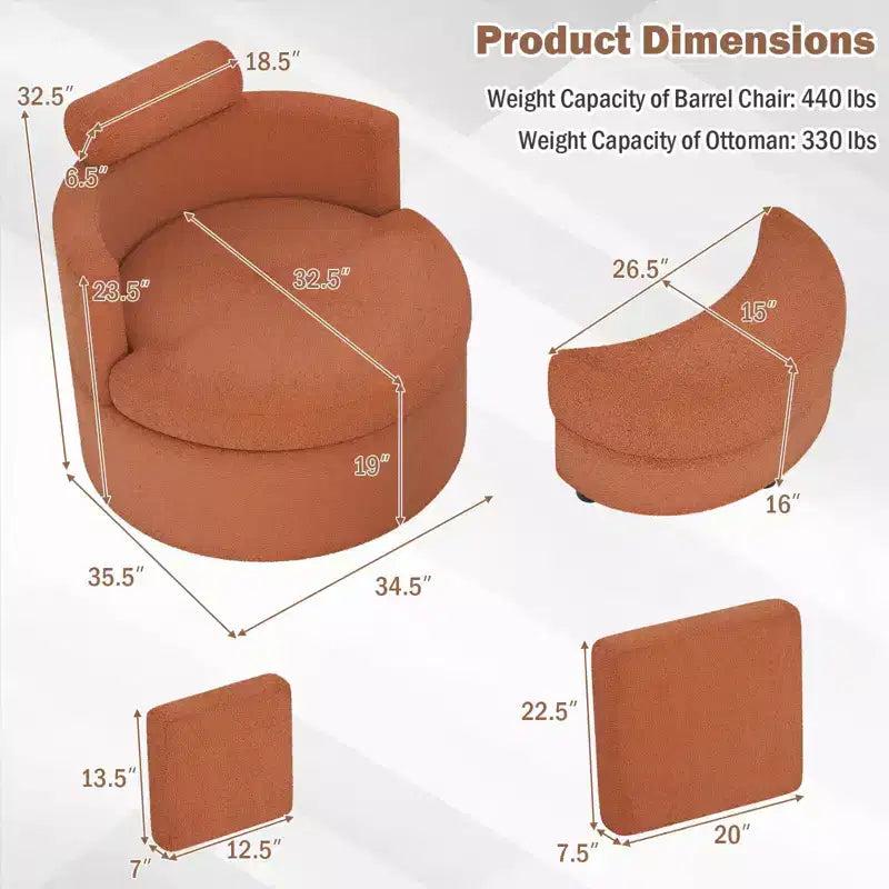 Fauteuil d'appoint pivotant Costway 360° avec pouf de rangement demi-lune et 3 coussins amovibles, blanc/terracotta