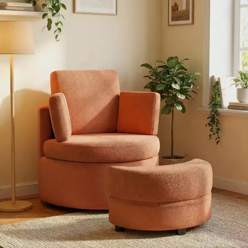 Fauteuil d'appoint pivotant Costway 360° avec pouf de rangement demi-lune et 3 coussins amovibles, blanc/terracotta