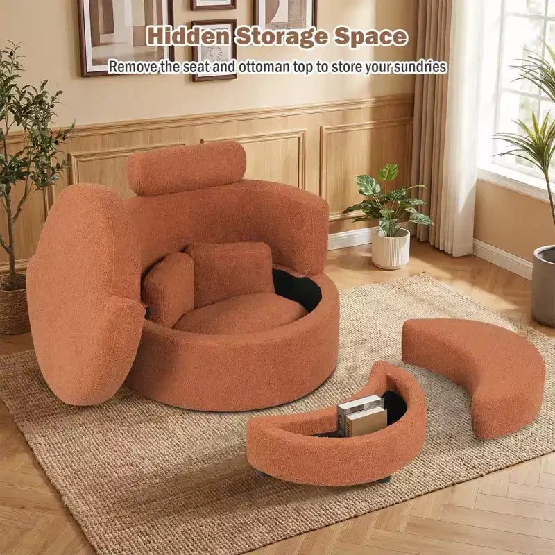 Fauteuil d'appoint pivotant Costway 360° avec pouf de rangement demi-lune et 3 coussins amovibles, blanc/terracotta