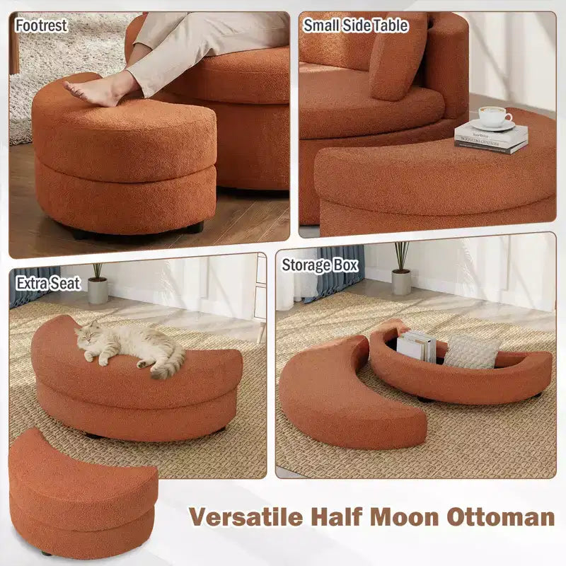 Fauteuil d'appoint pivotant Costway 360° avec pouf de rangement demi-lune et 3 coussins amovibles, blanc/terracotta