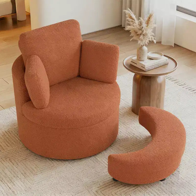 Fauteuil d'appoint pivotant Costway 360° avec pouf de rangement demi-lune et 3 coussins amovibles, blanc/terracotta