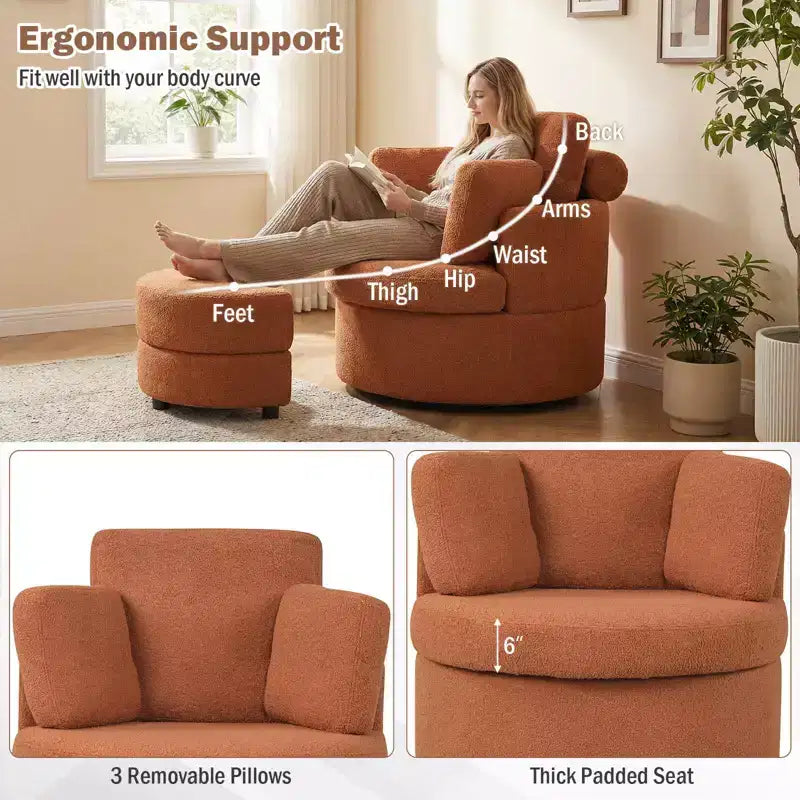 Fauteuil d'appoint pivotant Costway 360° avec pouf de rangement demi-lune et 3 coussins amovibles, blanc/terracotta