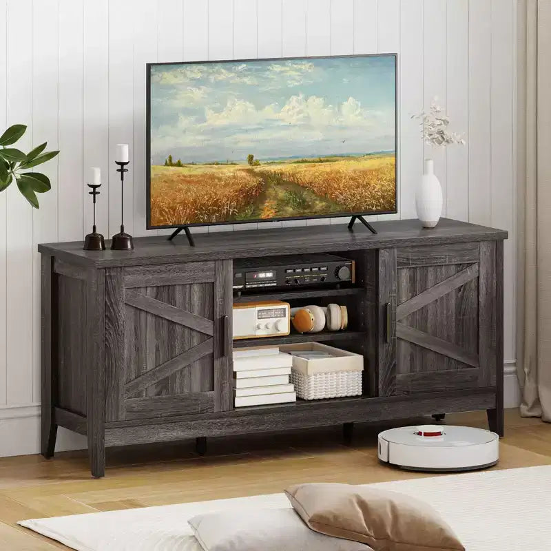 Meuble TV de ferme Costway pour téléviseurs jusqu'à 65 pouces, centre de divertissement avec 2 placards de rangement, gris