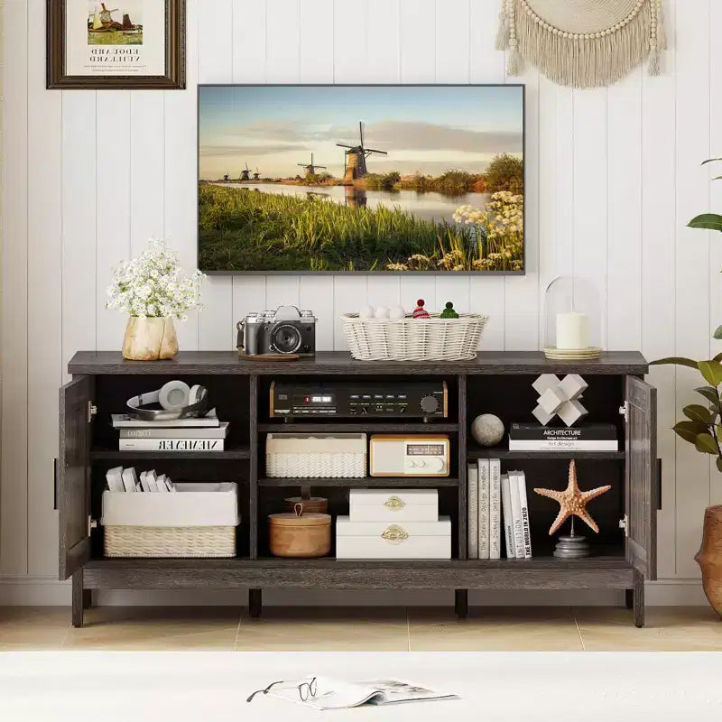Meuble TV de ferme Costway pour téléviseurs jusqu'à 65 pouces, centre de divertissement avec 2 placards de rangement, gris