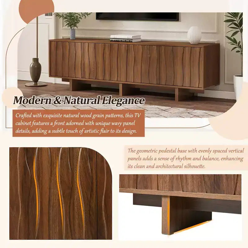 Meuble TV Whisen de style rétro en grain de bois, console média rustique, meuble TV à base robuste avec porte ondulée pour téléviseurs jusqu'à 75 pouces