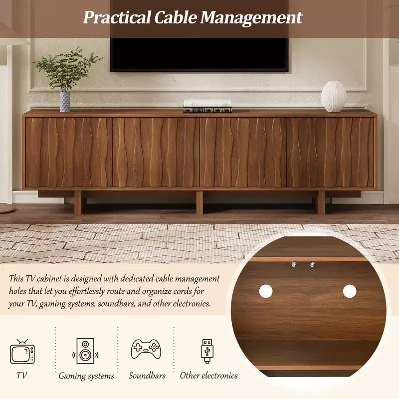 Meuble TV Whisen de style rétro en grain de bois, console média rustique, meuble TV à base robuste avec porte ondulée pour téléviseurs jusqu'à 75 pouces