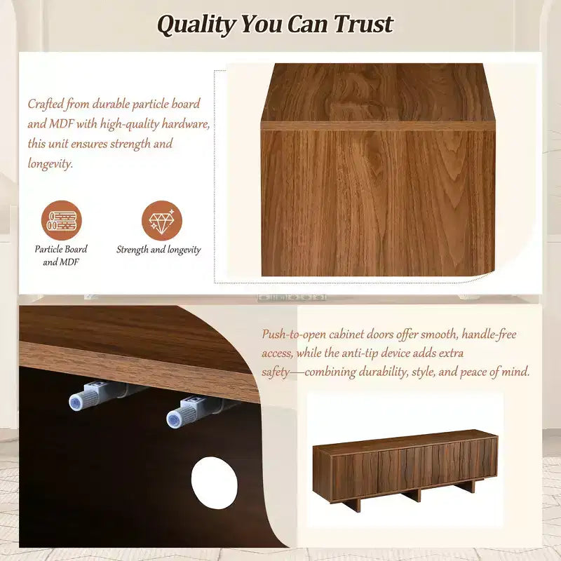 Meuble TV Whisen de style rétro en grain de bois, console média rustique, meuble TV à base robuste avec porte ondulée pour téléviseurs jusqu'à 75 pouces