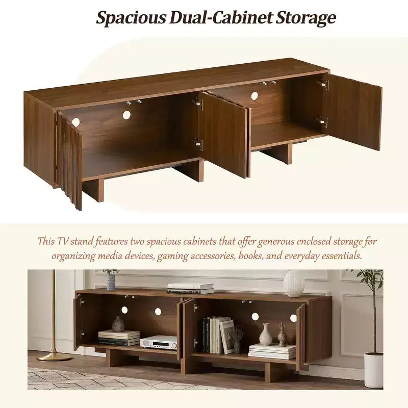 Meuble TV Whisen de style rétro en grain de bois, console média rustique, meuble TV à base robuste avec porte ondulée pour téléviseurs jusqu'à 75 pouces