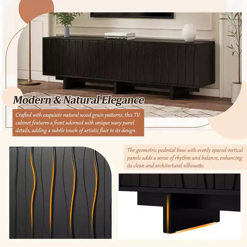Meuble TV Whisen de style rétro en grain de bois, console média rustique, meuble TV à base robuste avec porte ondulée pour téléviseurs jusqu'à 75 pouces