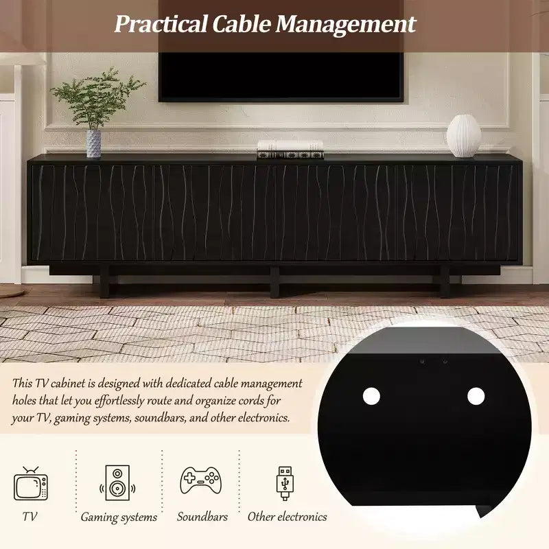 Meuble TV Whisen de style rétro en grain de bois, console média rustique, meuble TV à base robuste avec porte ondulée pour téléviseurs jusqu'à 75 pouces