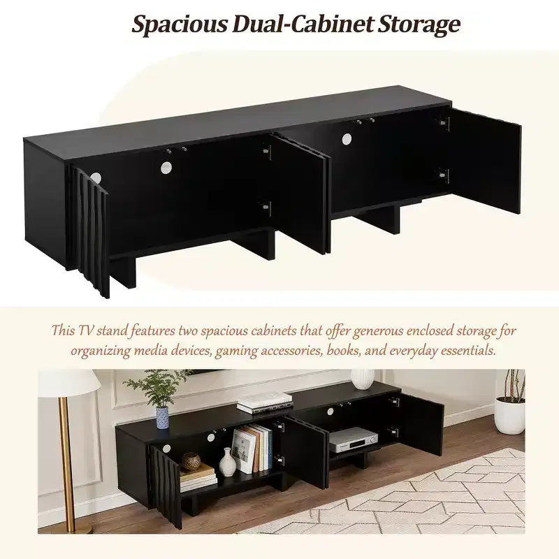 Meuble TV Whisen de style rétro en grain de bois, console média rustique, meuble TV à base robuste avec porte ondulée pour téléviseurs jusqu'à 75 pouces