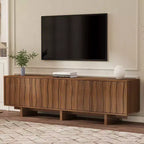Meuble TV Whisen de style rétro en grain de bois, console média rustique, meuble TV à base robuste avec porte ondulée pour téléviseurs jusqu'à 75 pouces