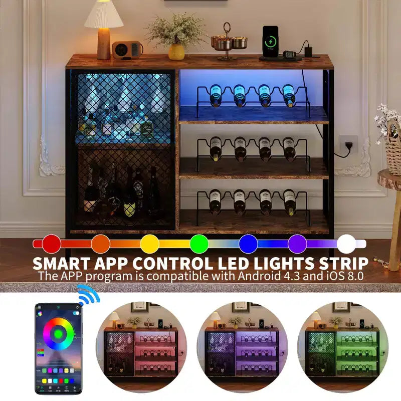 COZONY Meuble de bar à café industriel 42" avec lumières LED, prises électriques et rangement en verre pour la maison et la salle à manger