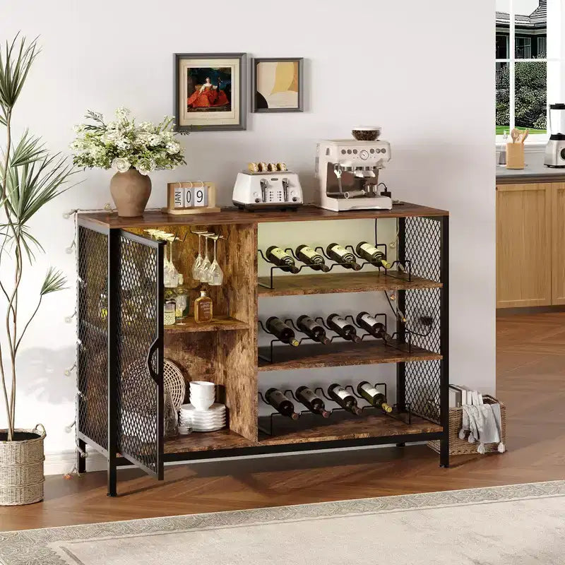 COZONY Meuble de bar à café industriel 42" avec lumières LED, prises électriques et rangement en verre pour la maison et la salle à manger