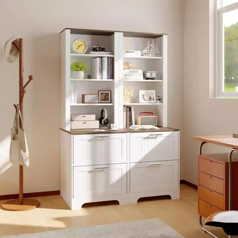 Bibliothèque avec 2 tiroirs de classement, Armoire de rangement de ferme de 183 cm de haut, Étagère en bois avec 2 étagères réglables pour salon et bureau
