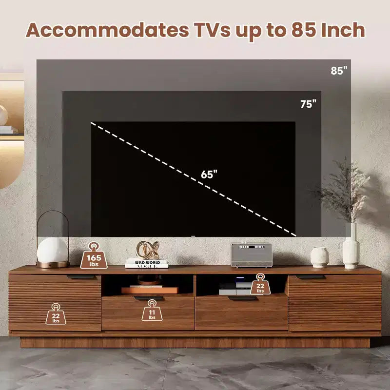 JVNOXK Meuble TV moderne de 78 pouces pour téléviseurs jusqu'à 85 pouces Comprend des tiroirs profonds pour le rangement Idéal pour les salons