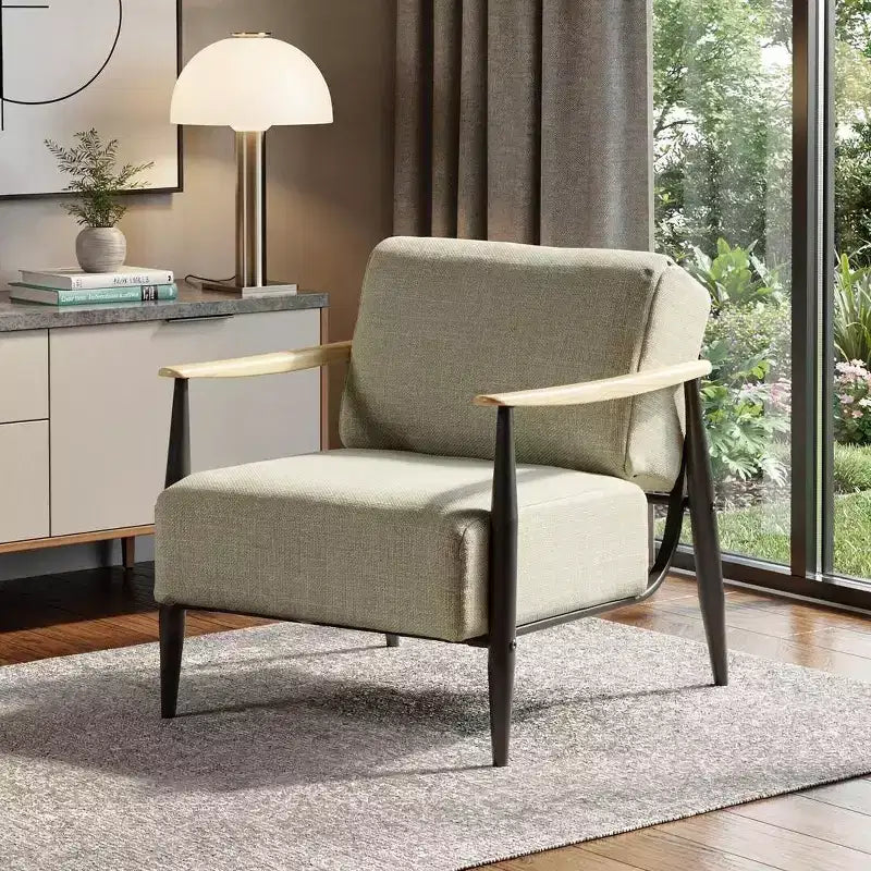 Fauteuil en bois massif et coussin rembourré beige, noir et naturel HomeRoots 28