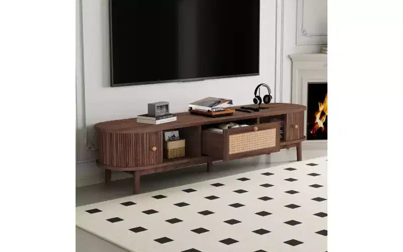 JVNOXKMeuble TV au design moderne pour téléviseurs 75 pouces, console multimédia avec tiroir en rotin pour salon, 1 tiroir et 2 armoires à portes coulissantes