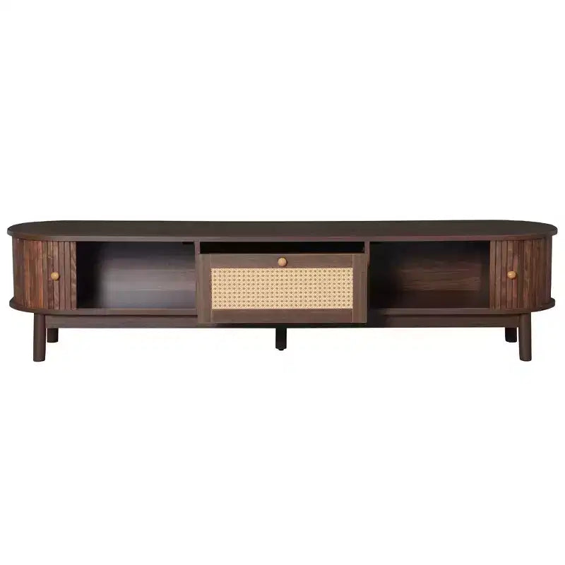 JVNOXKMeuble TV au design moderne pour téléviseurs 75 pouces, console multimédia avec tiroir en rotin pour salon, 1 tiroir et 2 armoires à portes coulissantes