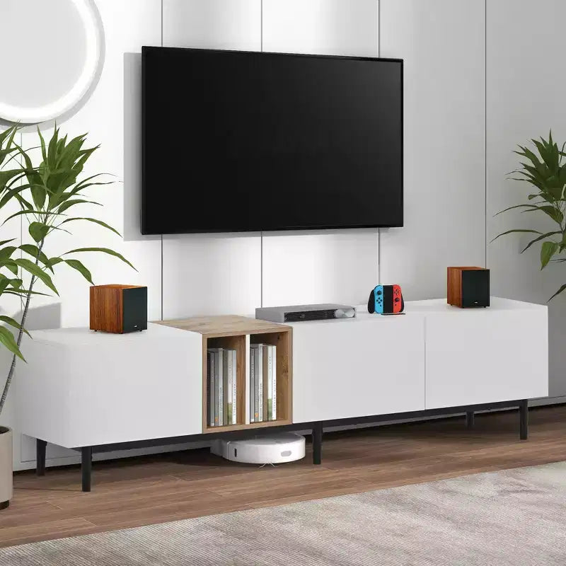 Meuble TV moderne JVNOXK 77 pouces, convient aux téléviseurs de 80 pouces, avec 3 portes de placard, console multimédia avec grand espace de rangement, idéal pour les salons